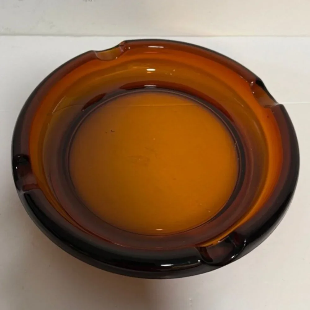 Vintage Amber Glass Ashtray – Mid-Century Modern Heavy Pressed Glass